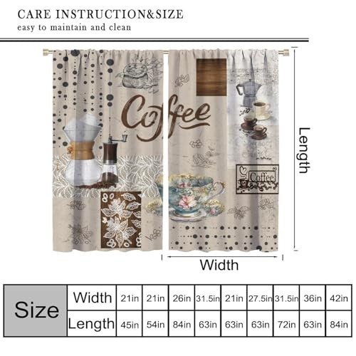 Coffee Vintage Kitchen Curtains Restaurant 20.5″W x 45″L (Pack of 2) Beige-2