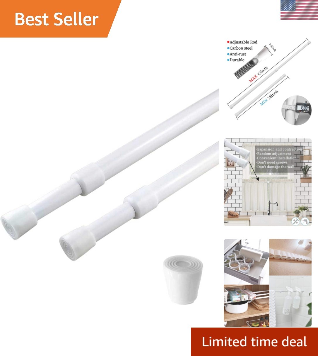 Durable Carbon Steel Spring Tension Curtain Rods, Adjustable 28-43”, 2 Pack