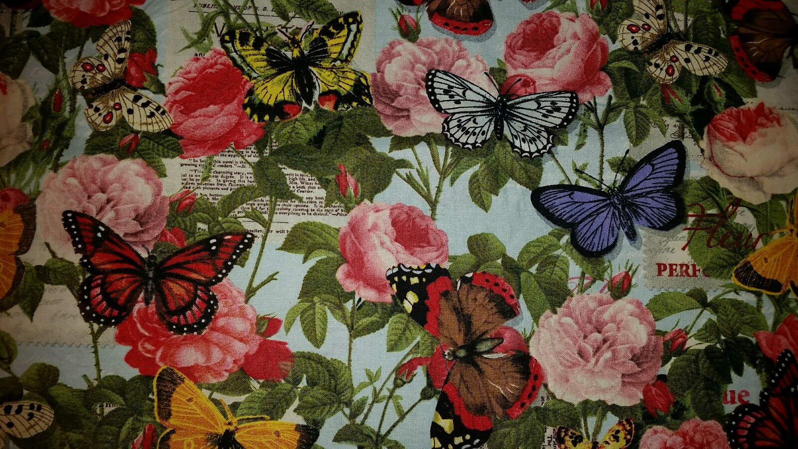 LINED WINDOW VALANCE 42X12 BUTTERFLY GARDEN FLOAR FLOWER SPRING ROSE BLUE SKY