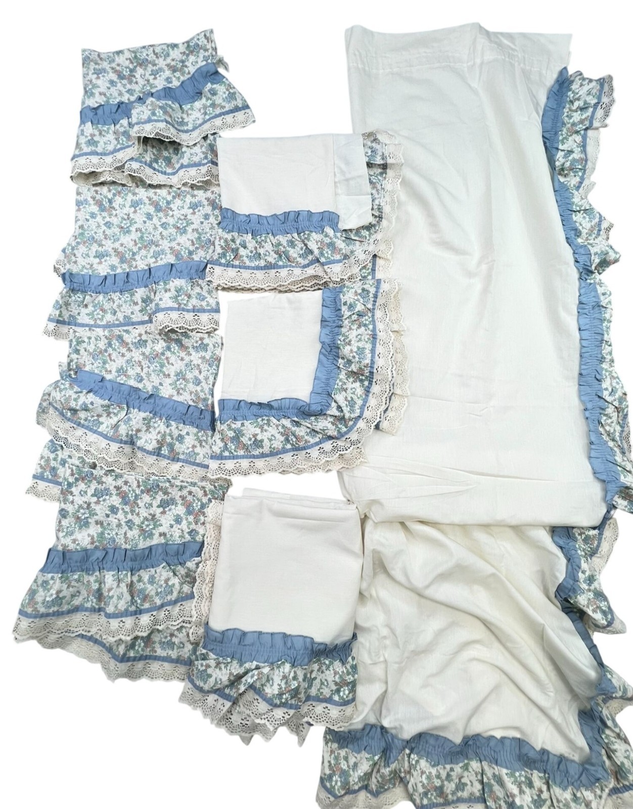 Vintage Country Floral Curtains Valance Tiers Blue Cottagecore Ruffle Lot of 8