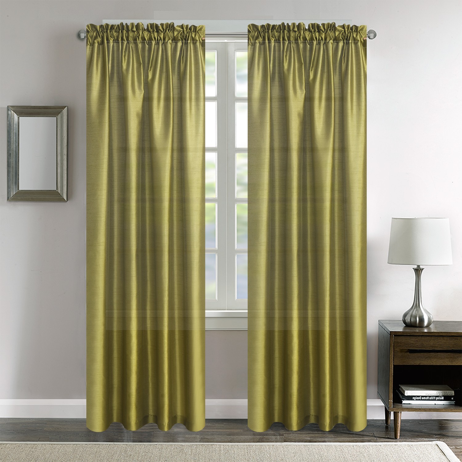 Faux Silk Semi Sheer Curtains Rod Pocket Light Reducing Silk Drapes, 2panels