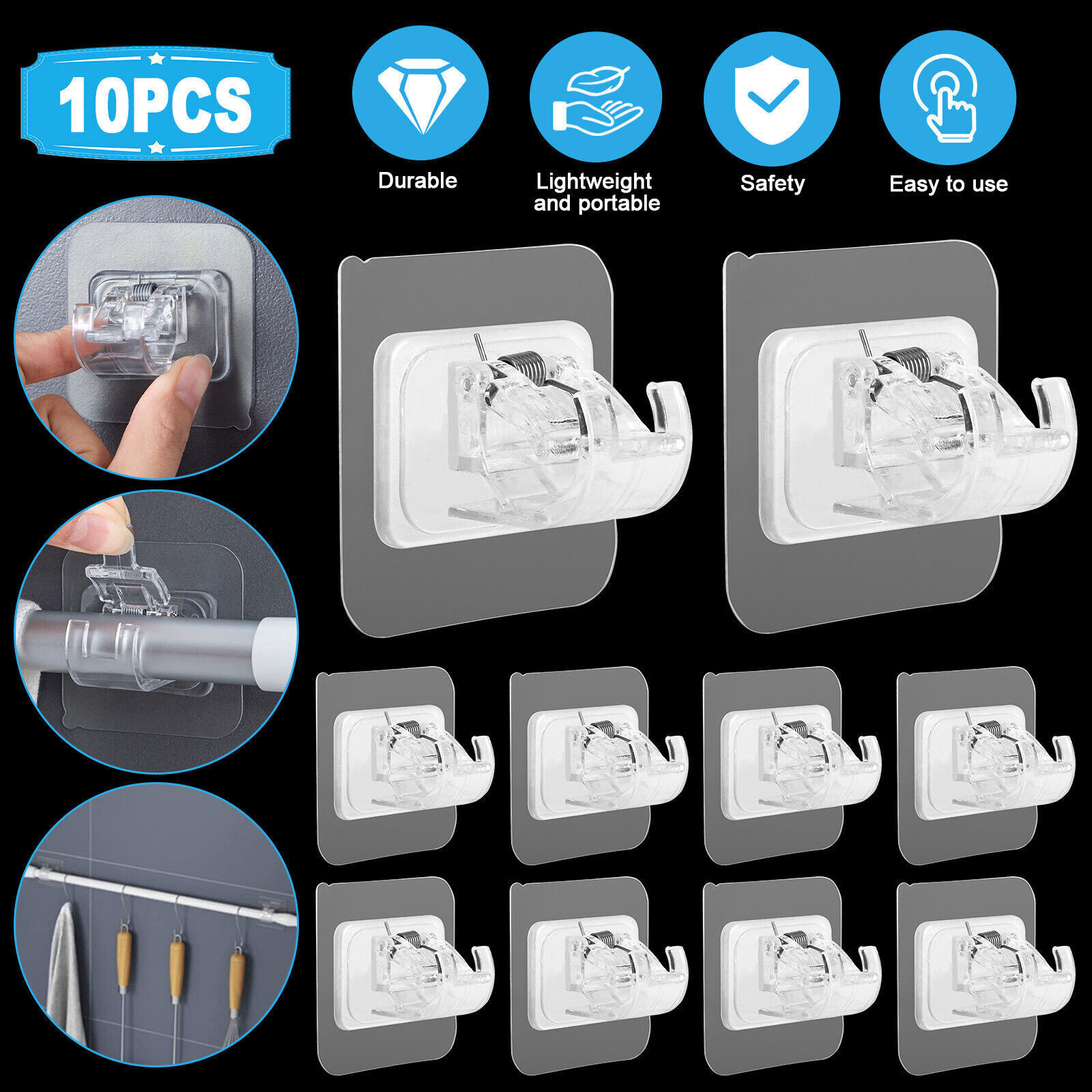 10 PCS Nail Free Adjustable Curtain Rod Clip Brackets Self Adhesive Holder Hooks