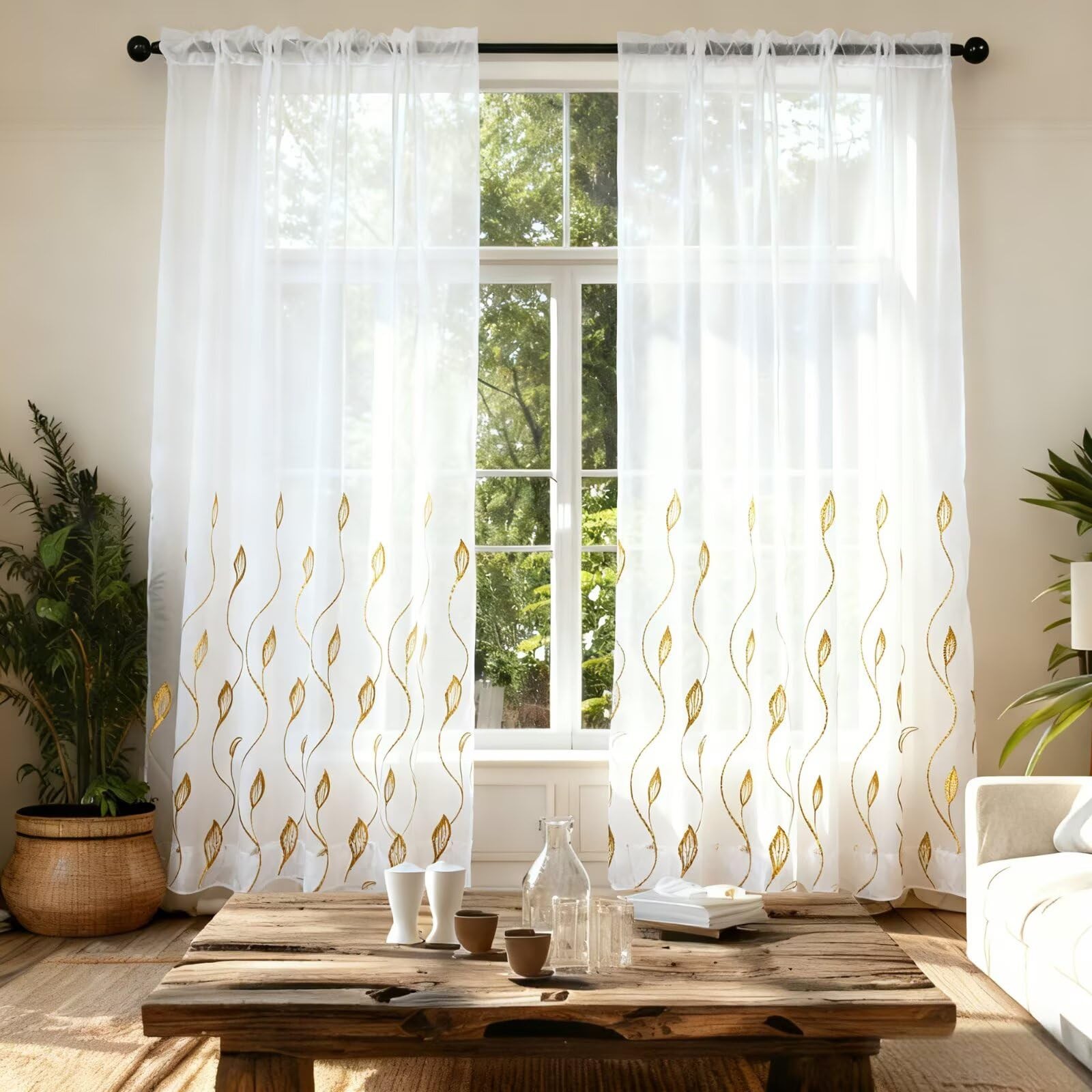 Gold Foil Print Sheer Curtains, 2 Panels Wicker Bronzing Treatment Sheer Curt…