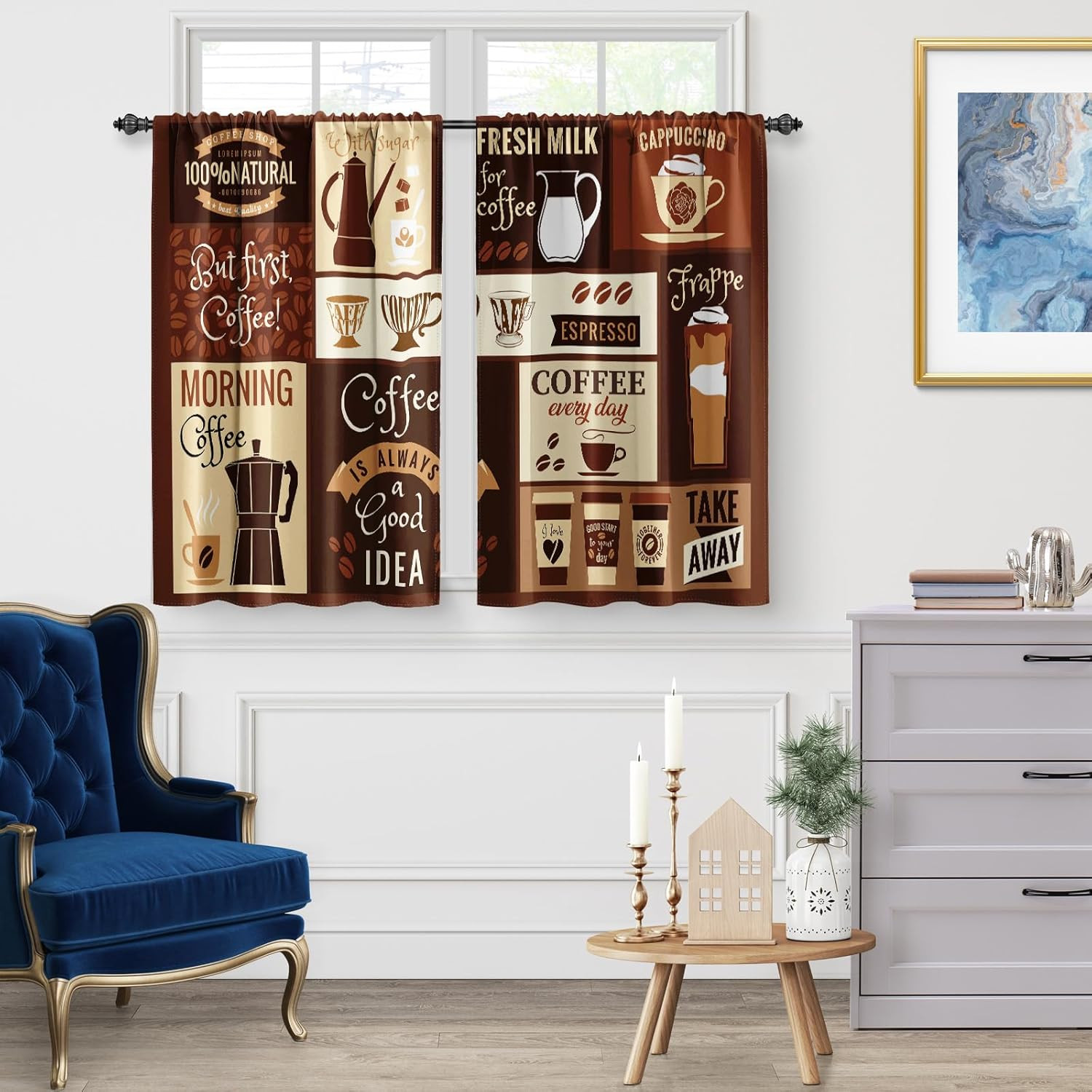 Vintage Coffee Bean Cafe Espresso Brown Kitchen Curtain | 56X36 Inch Rod Pocket
