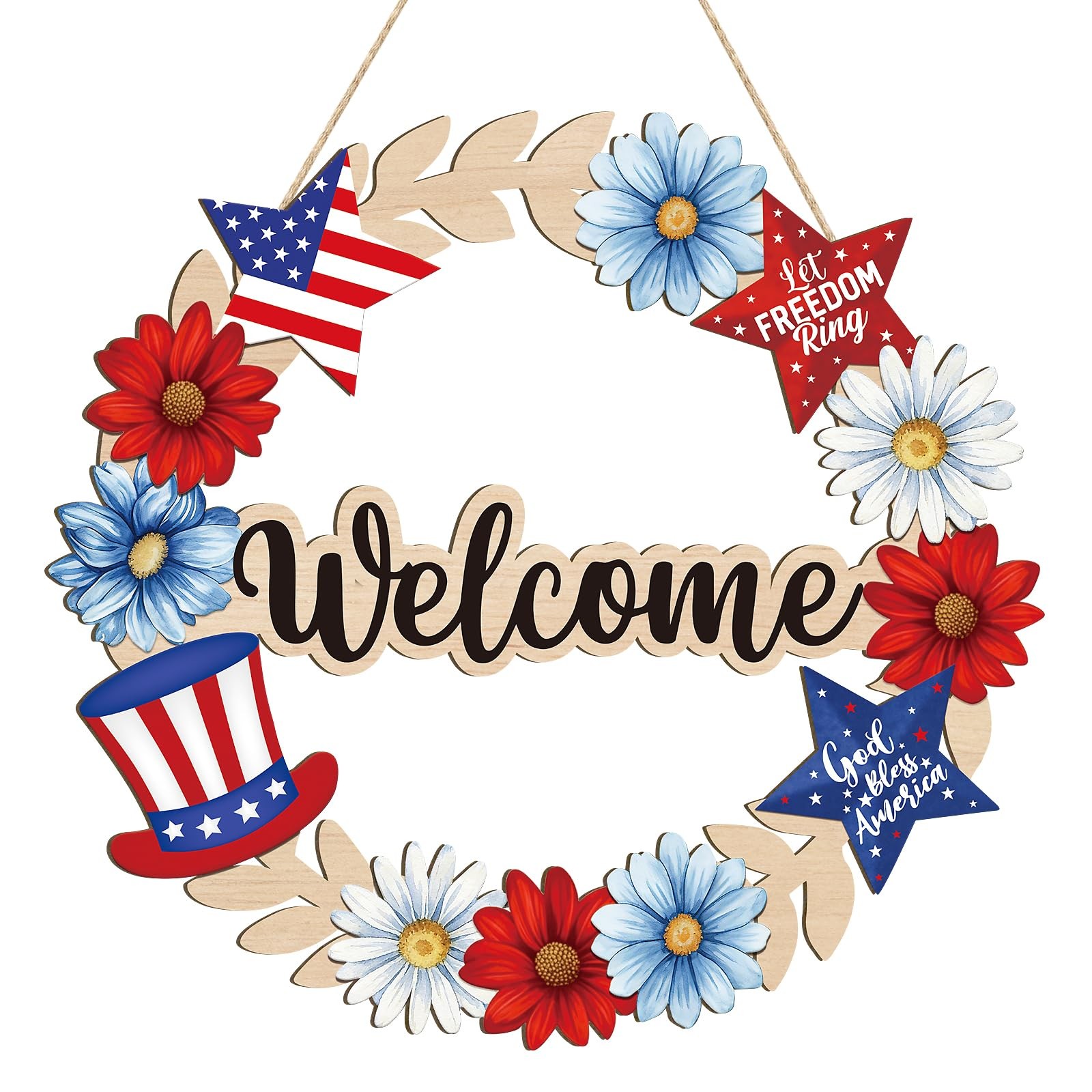 Wooden 4th of July Decoration Door Wreath for Front Door Sign Star Wall Signs,In