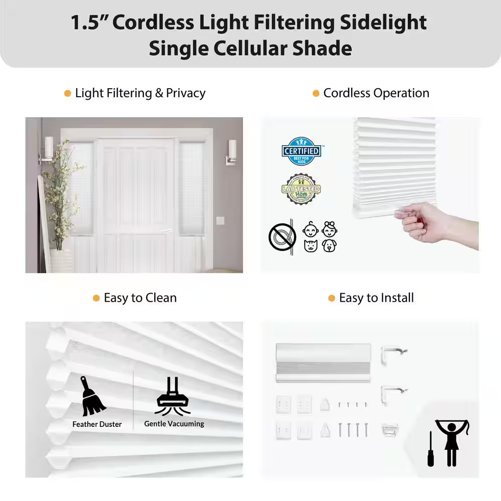 White Cordless Light Filtering Eco Polyester 9/16 In. Sidelight Single Cellular