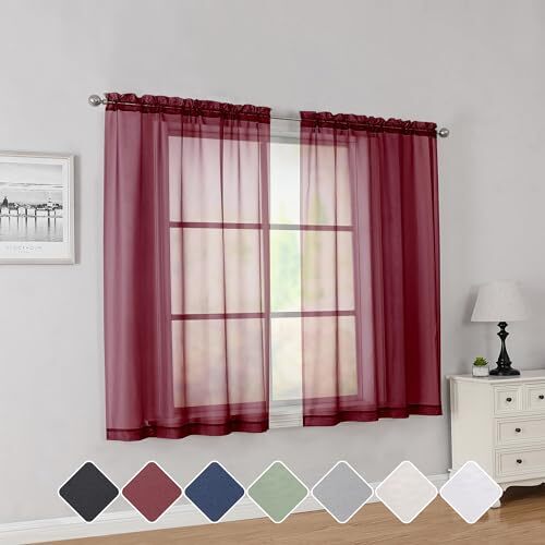 Red Short Sheer Curtains 45 Inch Length for Small Windows, 42W x 45L Burgundy