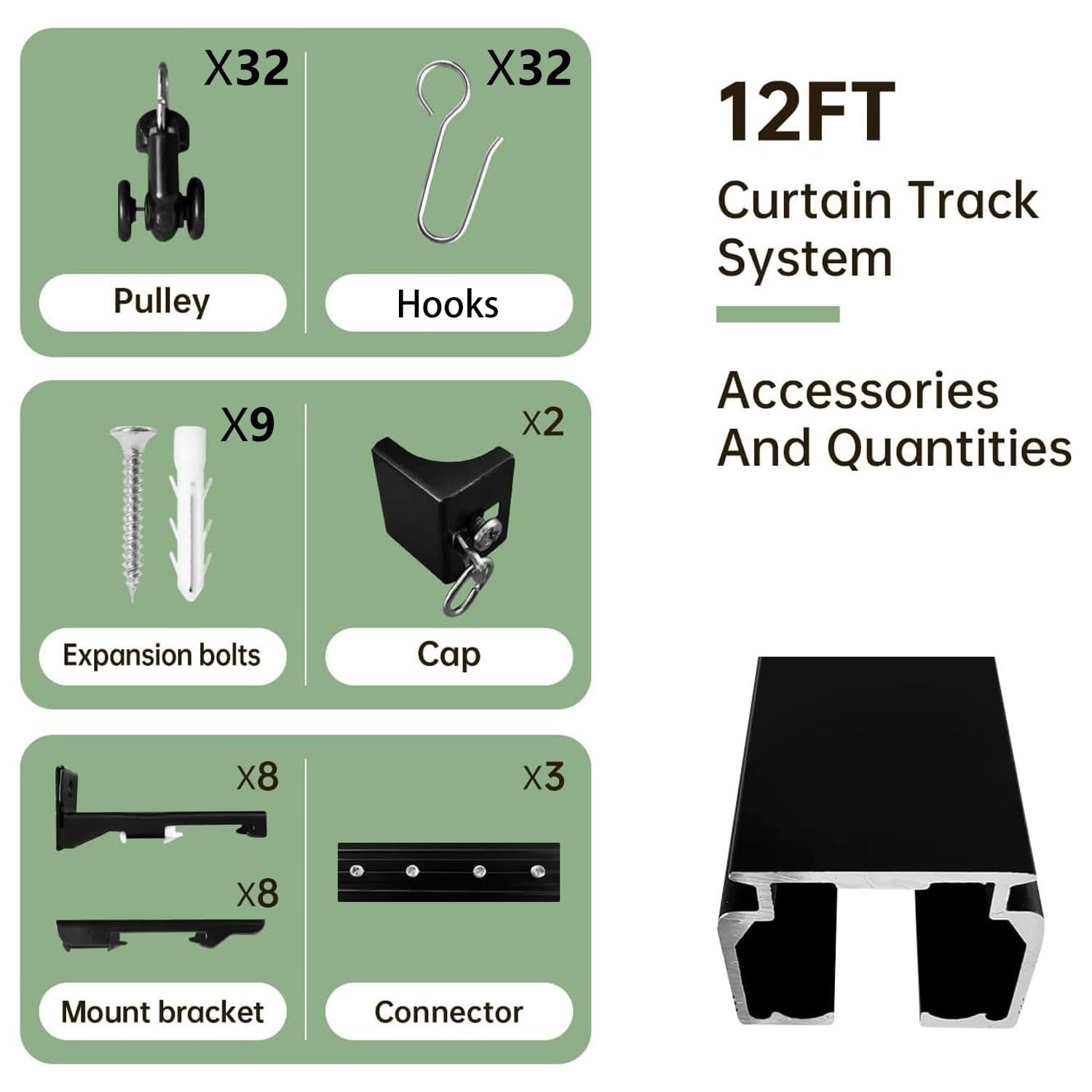 MaKefeile Ceiling Curtain Tracks 12FT,Curtain Track 12 ft (4 pieces), Black