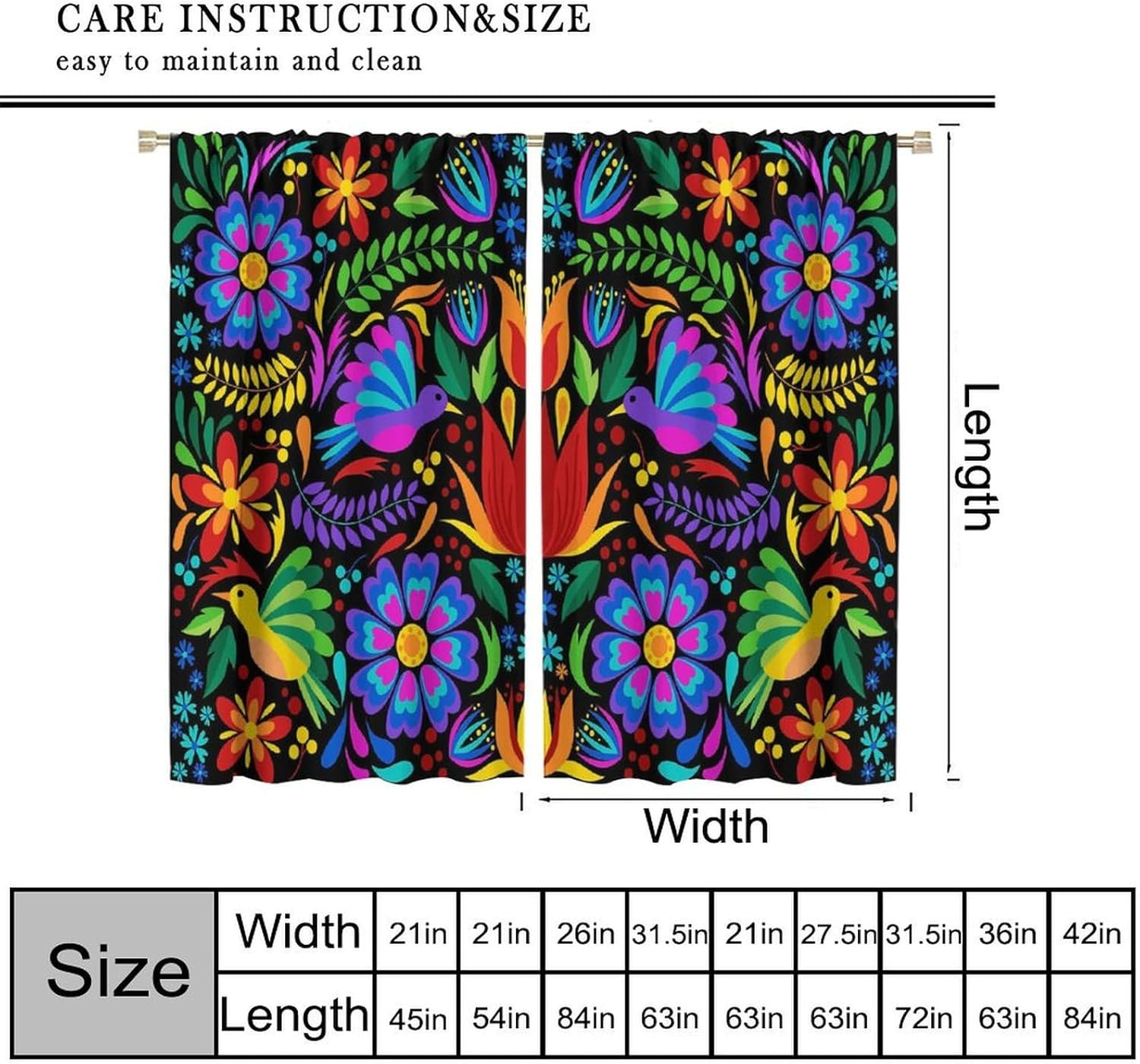 Mexican Blackout Window Curtain Birds Colorful Flowers Mexican Embroidery Style