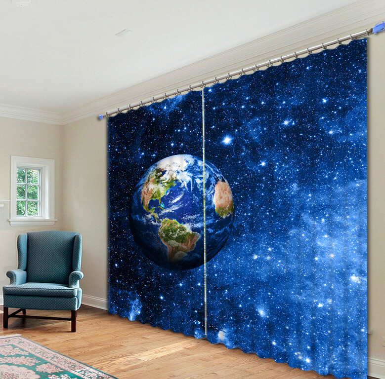 Blue Galaxy Space Planet Earth Blackout Curtain for Bedroom 3D Window Curtains