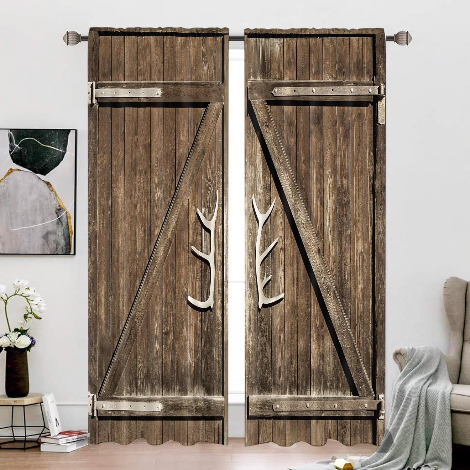 Cinbloo Wooden Barn Door Curtains Rod Pocket Rustic Brown Barnwood Garage Gate W