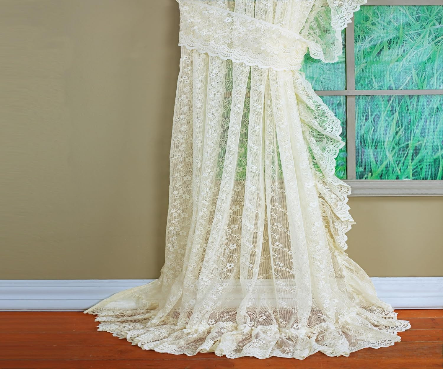 Ivory Priscilla Lace Ruffled 5-Piece Bridal Curtain Set, 84″ Length