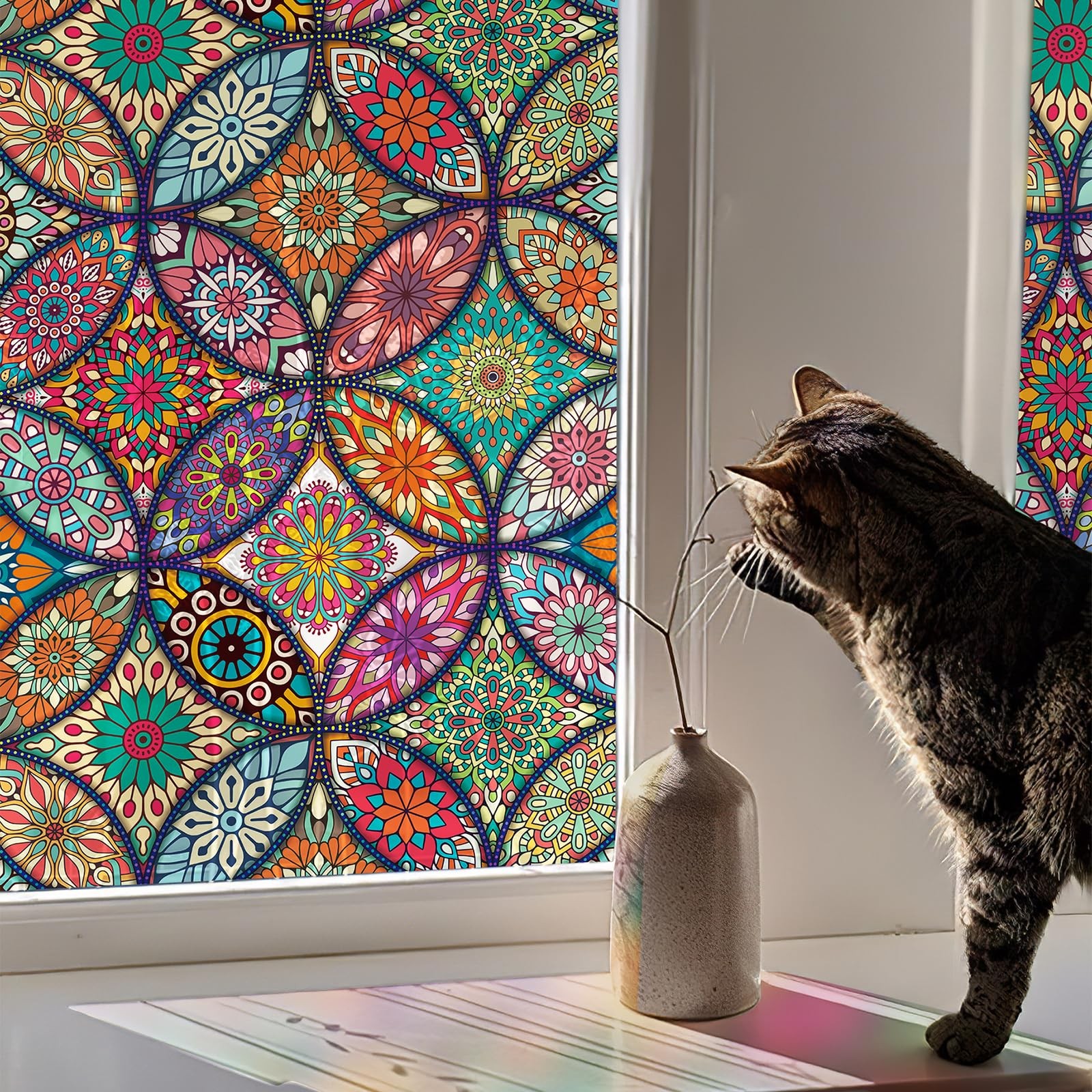 Stained Glass Window Film Privacy Decorative Tinting 78.7″x17.3″, Multicolor