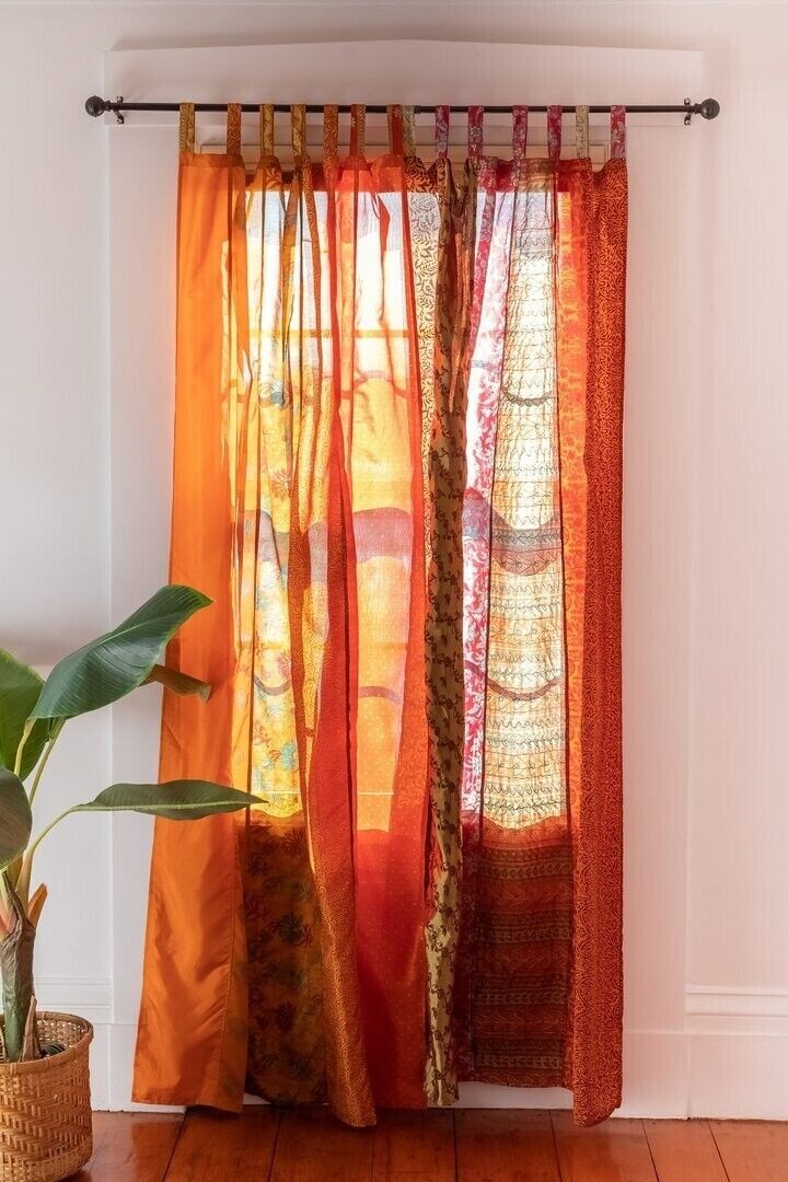 2Pc Indian Vintage Sari Patchwork Curtain Drape Window Decor Silk Orange Curtain
