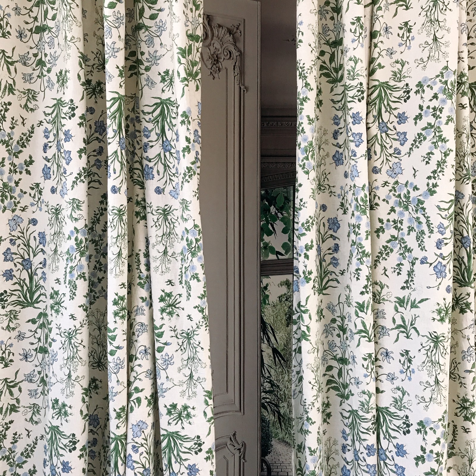 Handmade Linen Blend Floral Curtains Custom Blue Green Window Drapery Panels