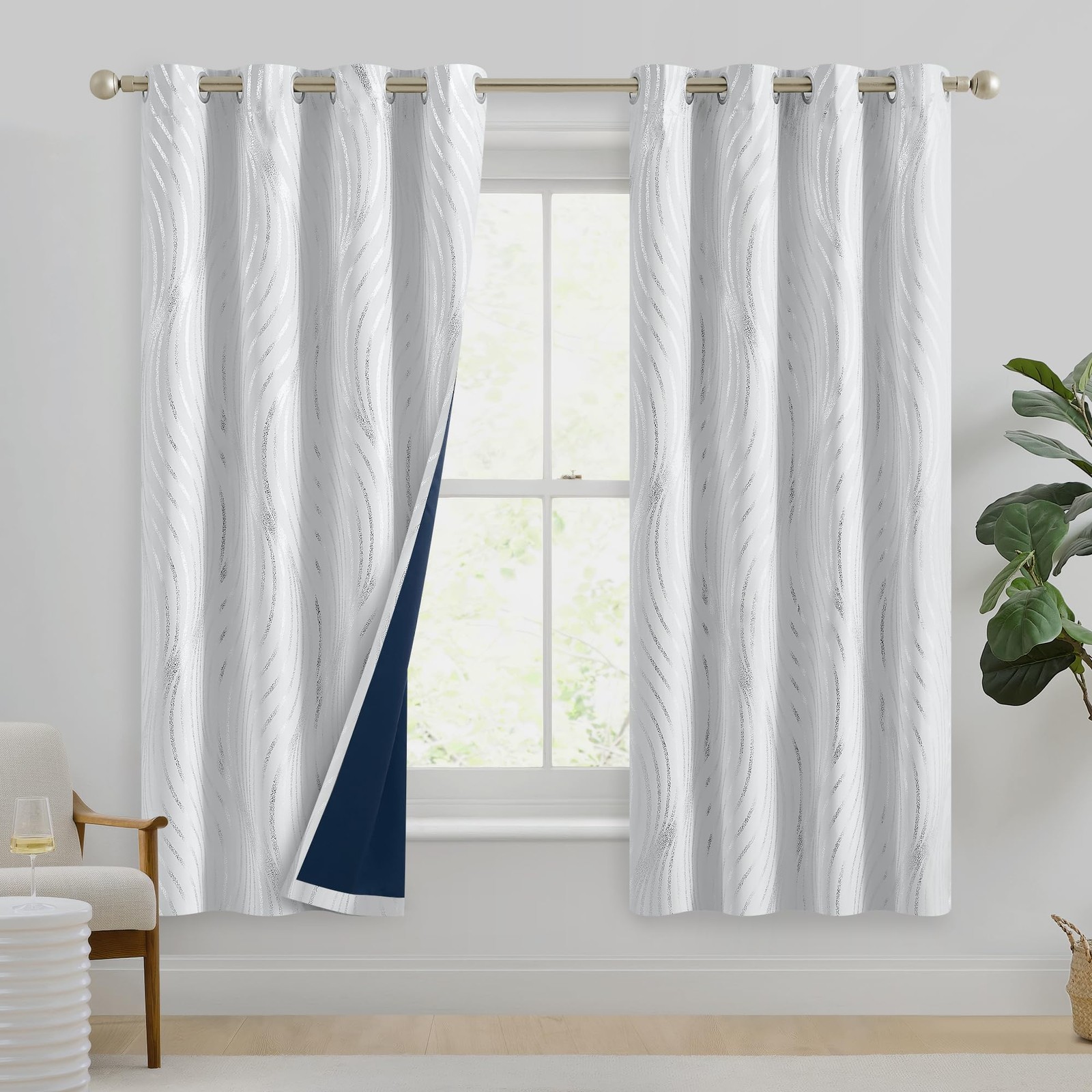 Xwincel Blackout Curtains White Silver Foil Pattern 63 Inches 2 Panel Set
