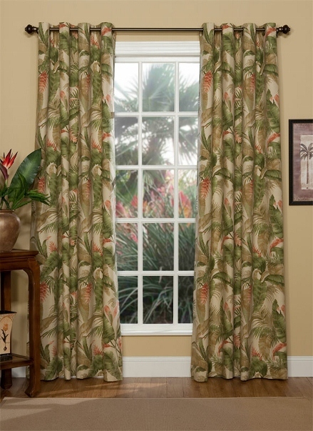 Tranquil Green/Ivory/Paprika Tropical Plant Lined Antique Brass Grommet Curtains