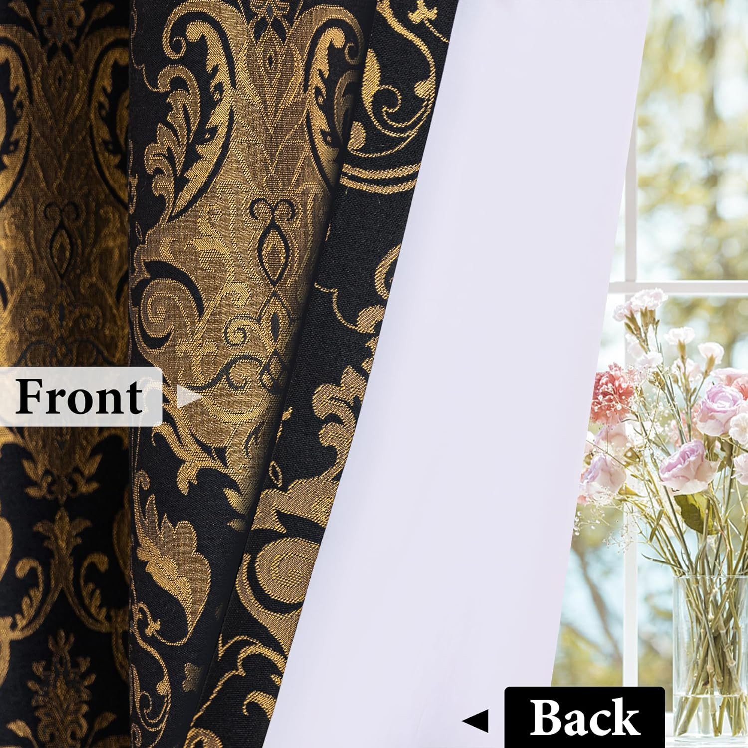 Black Damask Jacquard Curtains 2 Panels 52×108 Rod Pocket Lined Drapes