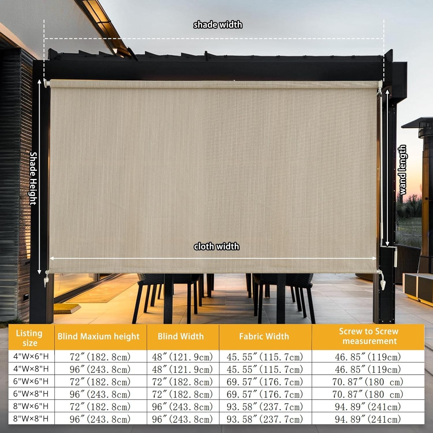 Weather-Resistant Cordless Roller Shades – 72″ x 72″ Outdoor Blinds in Sesame