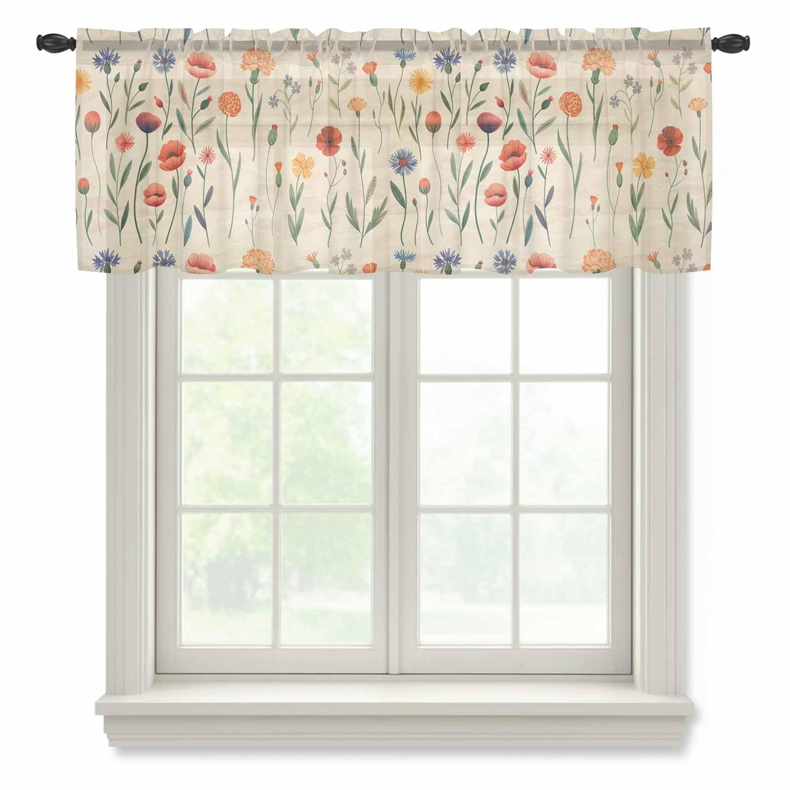 Retro Small Floral Sheer Valance Curtains for Kitchen Living Room Decor, Rust…