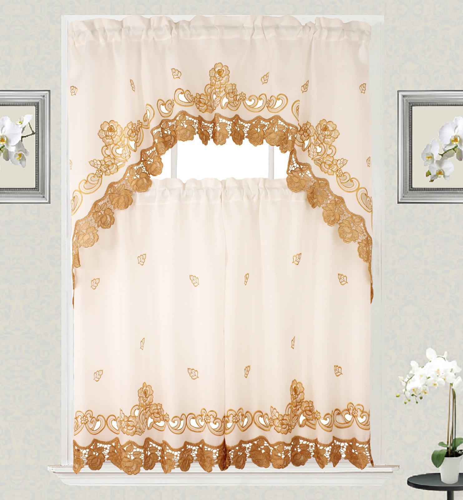 Kathy Embroidery Design Kitchen Curtain with Swag and Tier Set 36″ x 60″ Gold