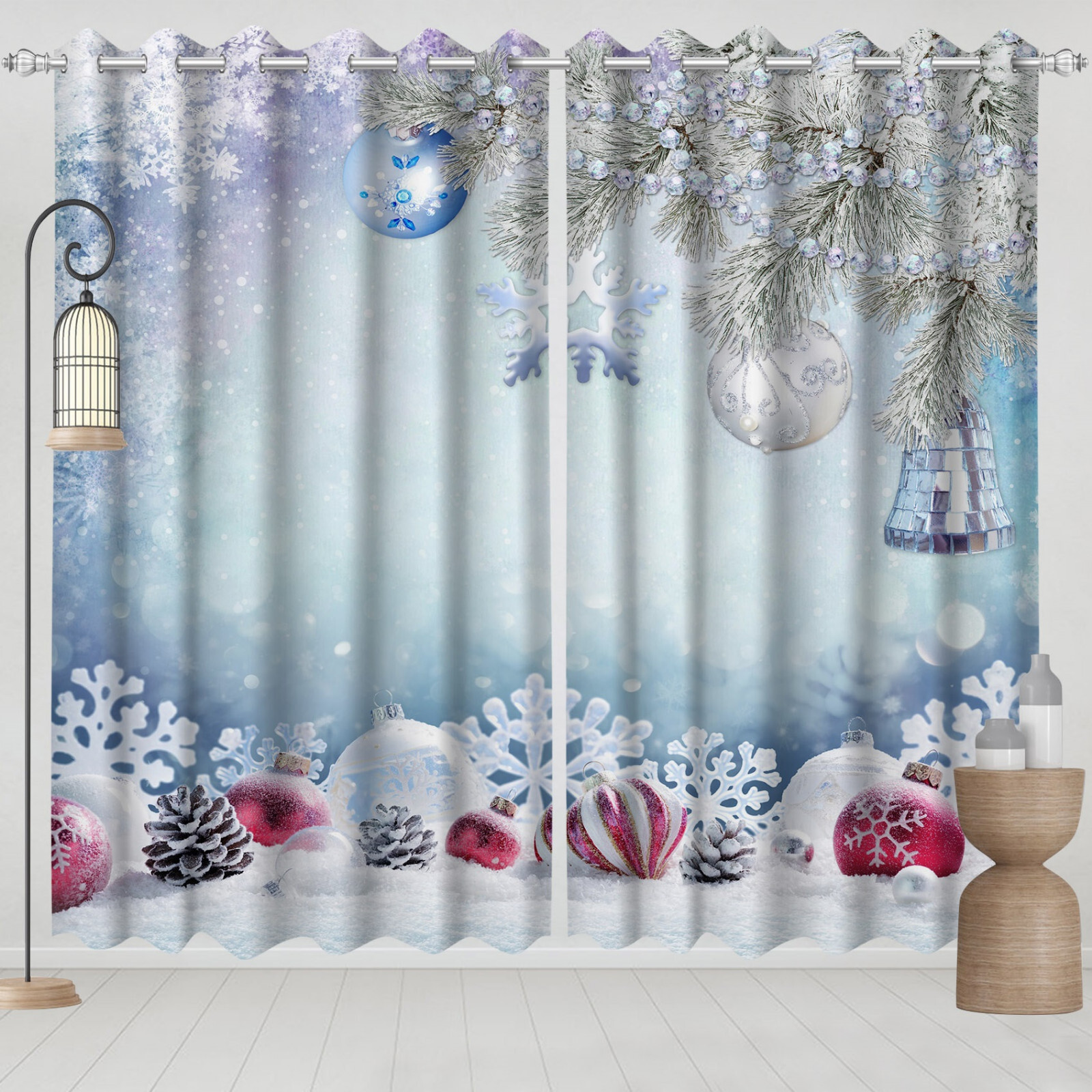 Light Ball Snow Winter Forest 3D 2 Panels Window Curtains Blockout Drapes Fabric