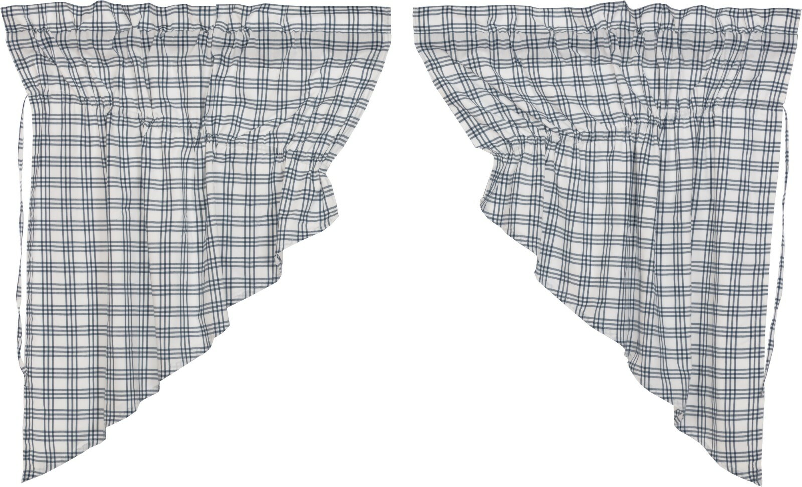36″ L Drawstring Prairie Swag Set Denim Blue & White Farmhouse Plaid Sawyer Mill