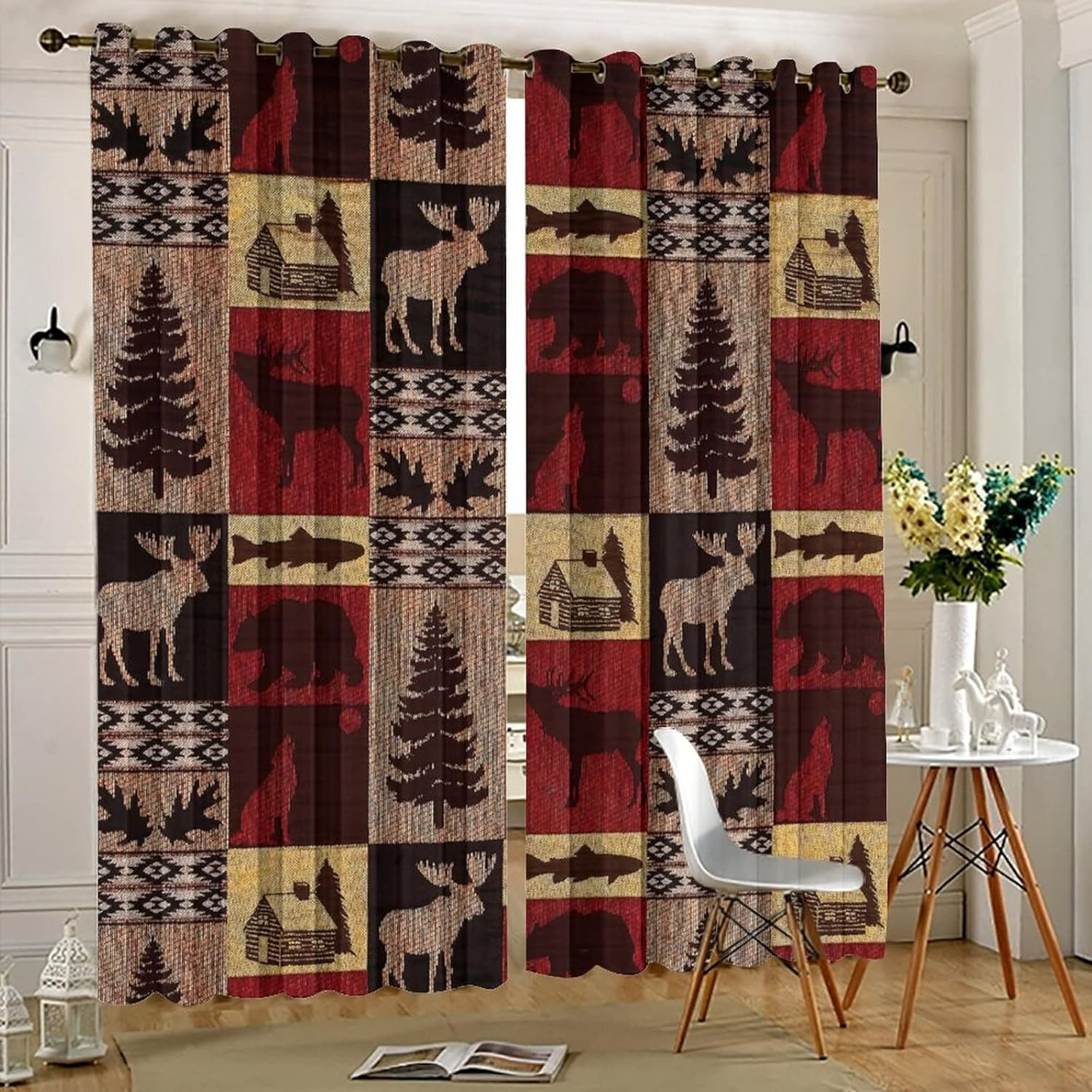 Rustic Cabin Blackout Curtains, Moose Bear Elk Plaid, 2 Panels 84×42