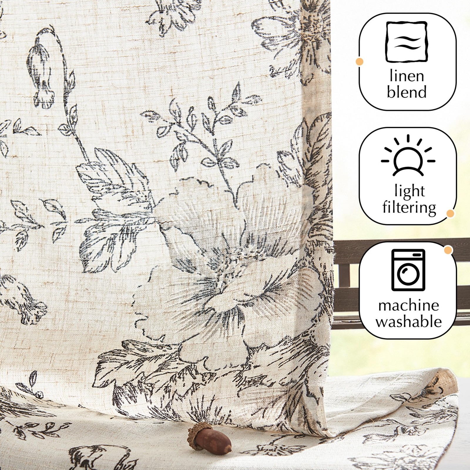 Linen Cafe Curtains 24 in Black Floral Farmhouse Tier 2 Panels