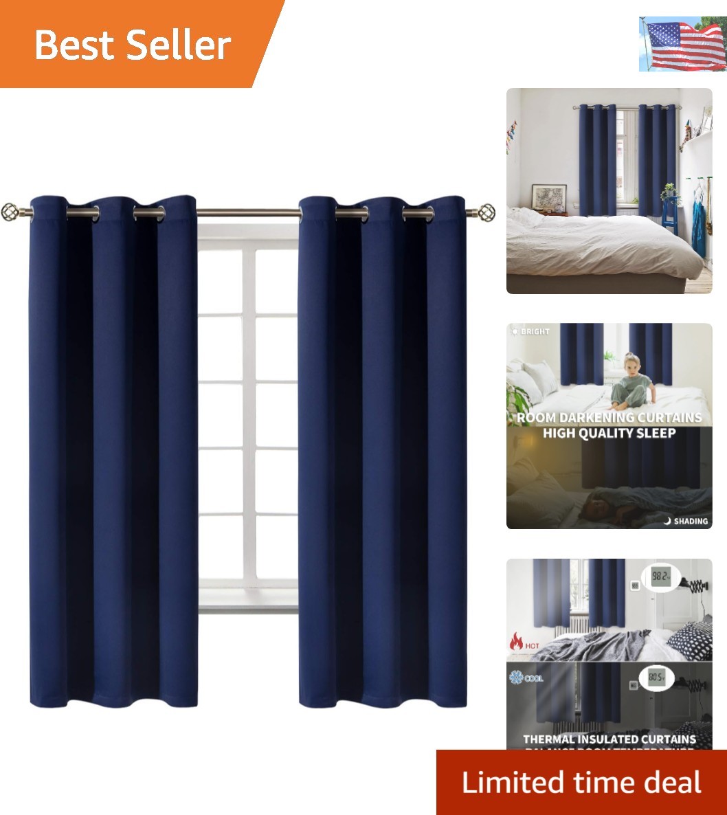 Stylish Navy Blue Blackout Curtains, 63″ Long – Noise Reducing Thermal Drapes