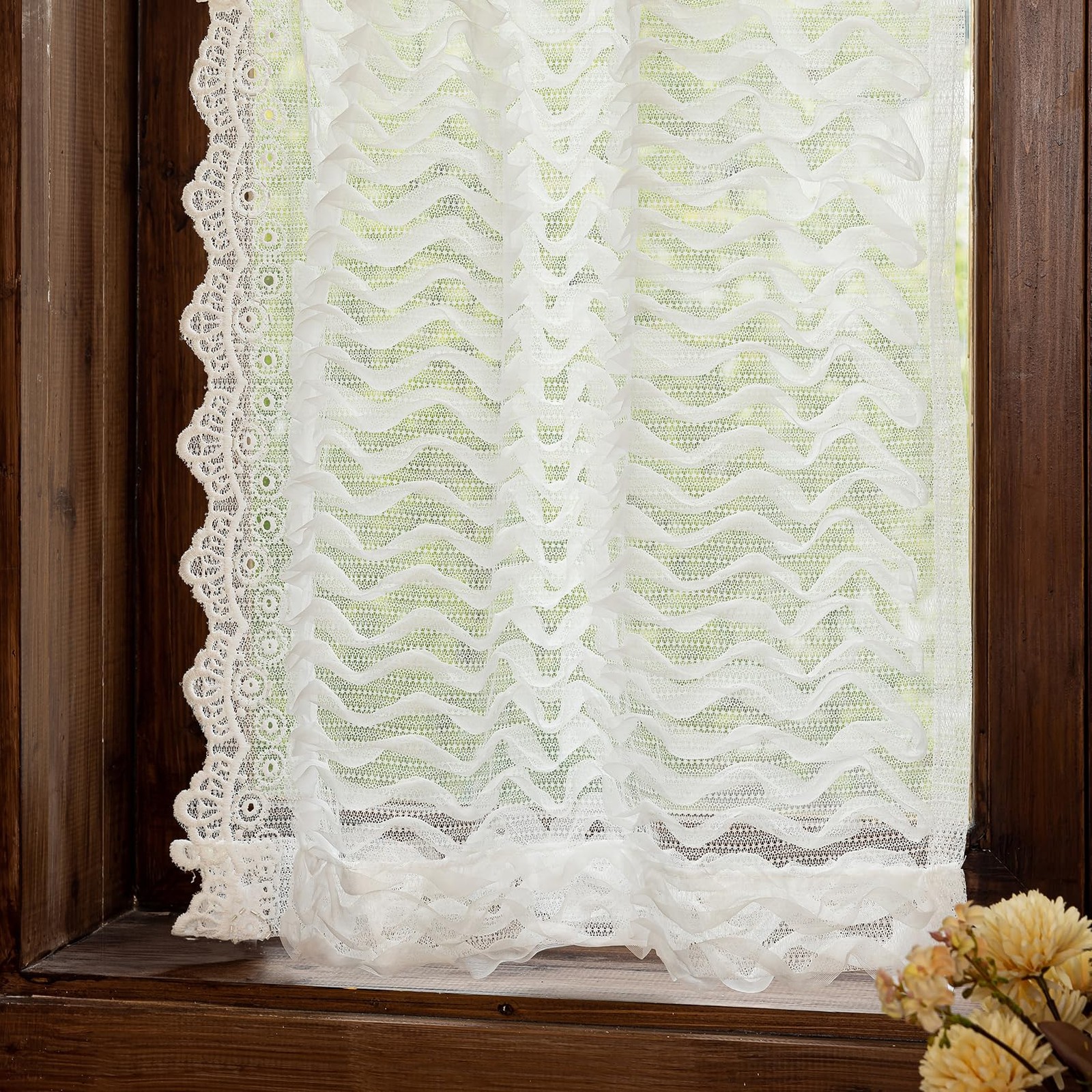 Short Lace Curtains 36 Inch Length – 2 Panels Shabby Chic Wavy Stripes Ruffle…