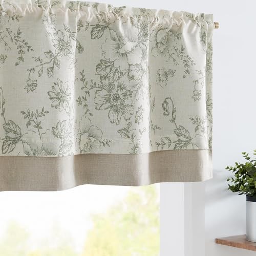 Linen Floral Valance Double Layer 50″W x 18″L (Pack of 1) Floral Sage on Beige