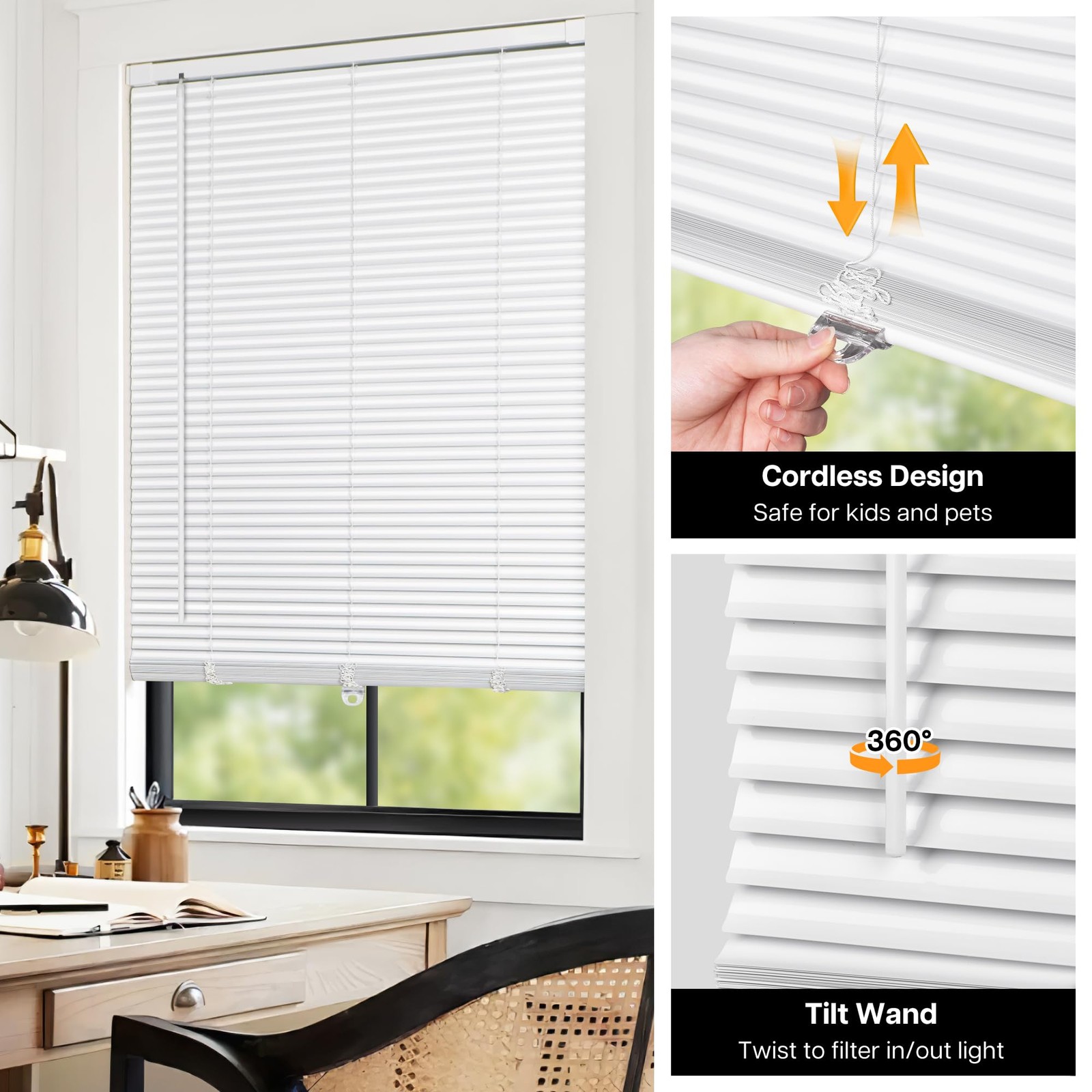 No Drill Cordless Mini Blinds, White 29″x48″