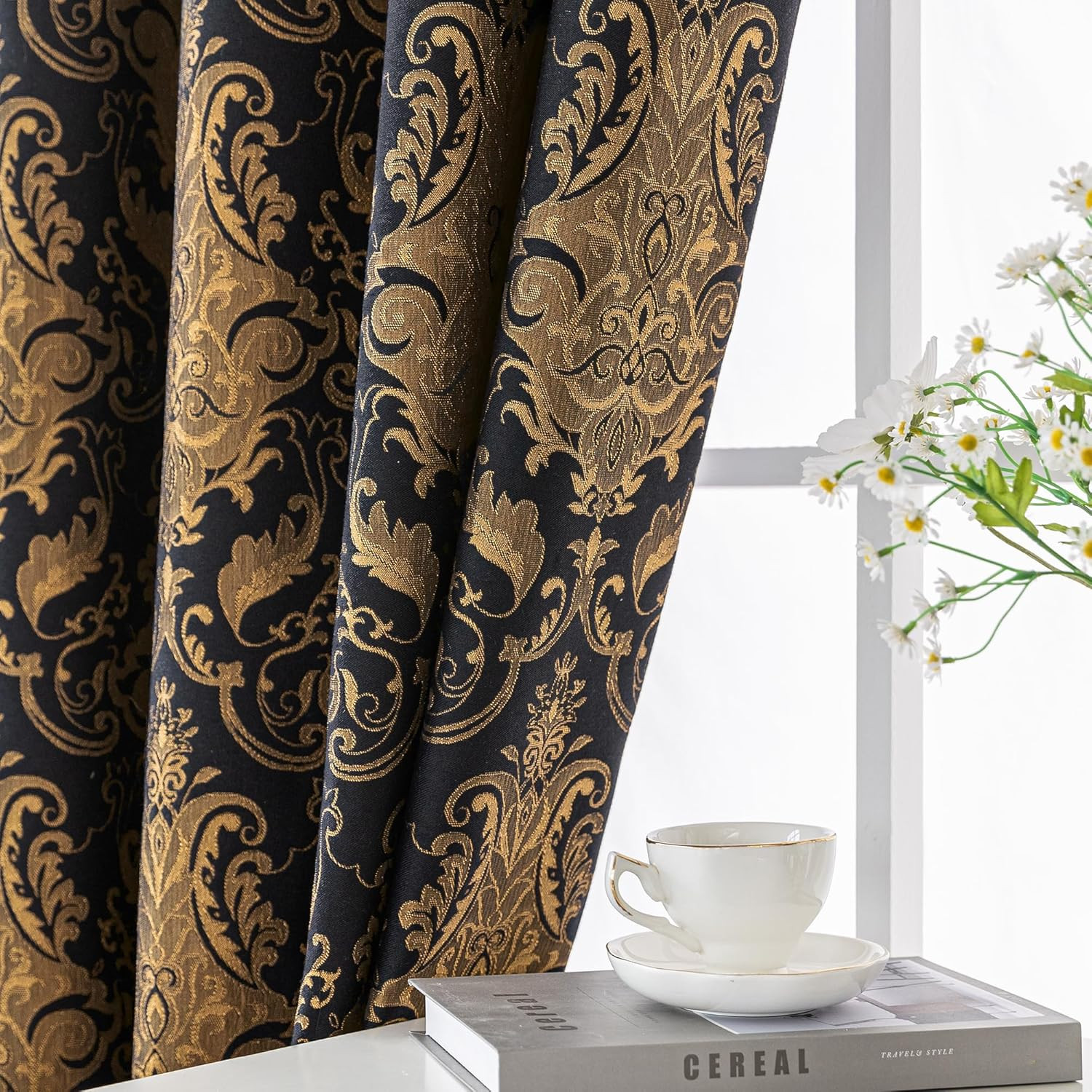 Black Damask Jacquard Curtains 2 Panels 52×108 Rod Pocket Lined Drapes