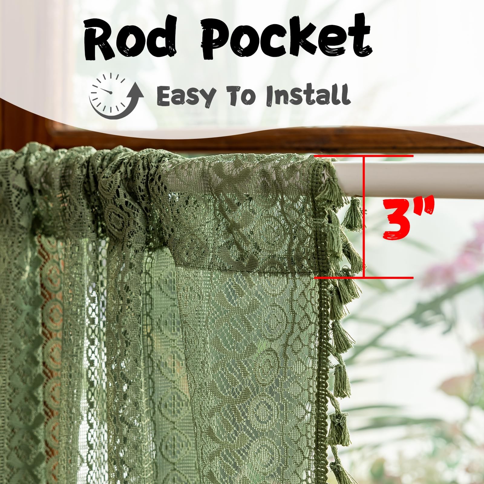 Olive Green Boho Window Curtains Valance 18 inches Long 2 Panels, Farmhouse L…