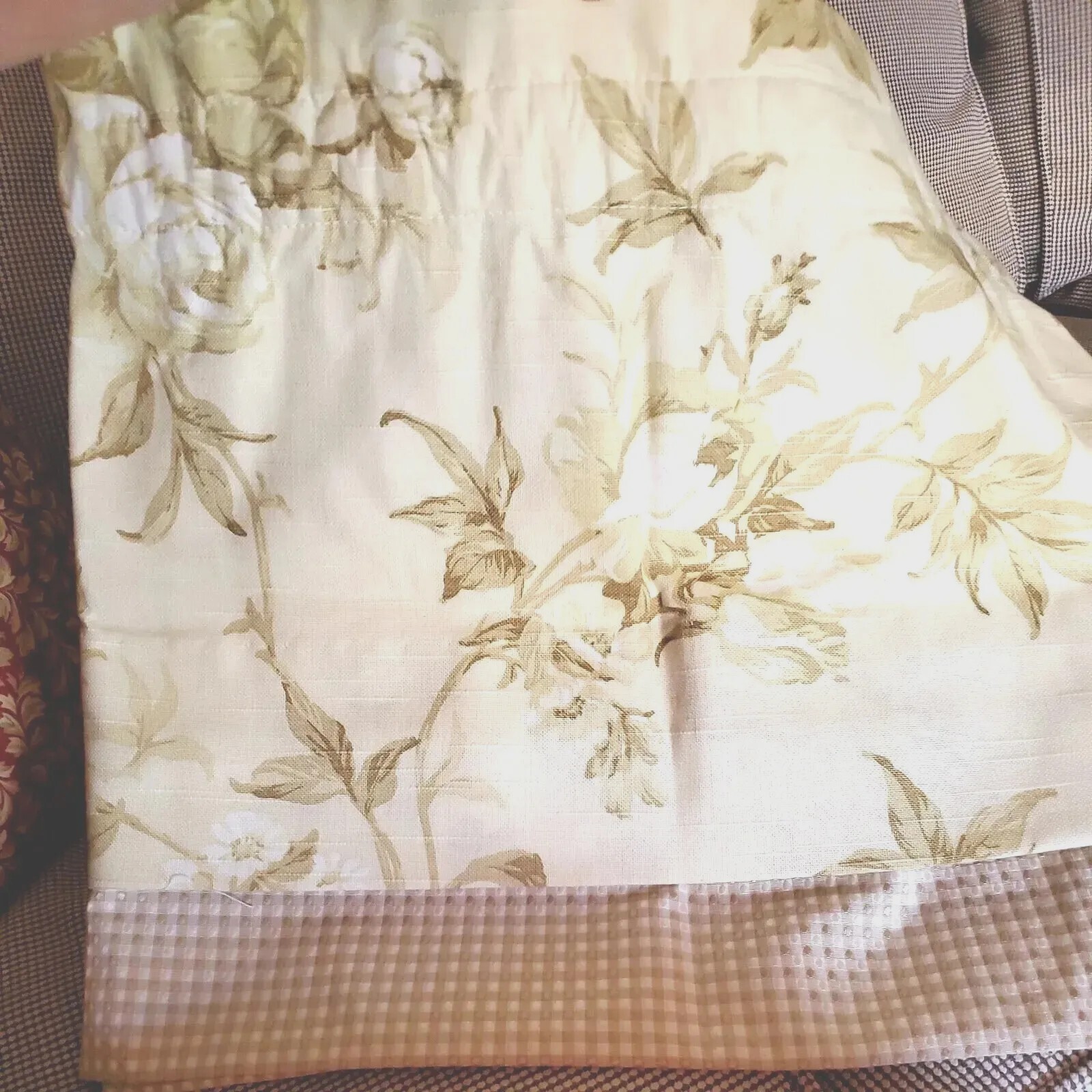 Decorator Drapery Double Valance Tan Check Butter Cream Rose Floral Lined 17×68″