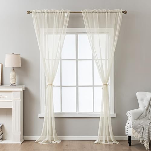 Sheer Curtains 63 Inch Length, Privacy Semi 42″W x 63″L (Pack of 2) Natural