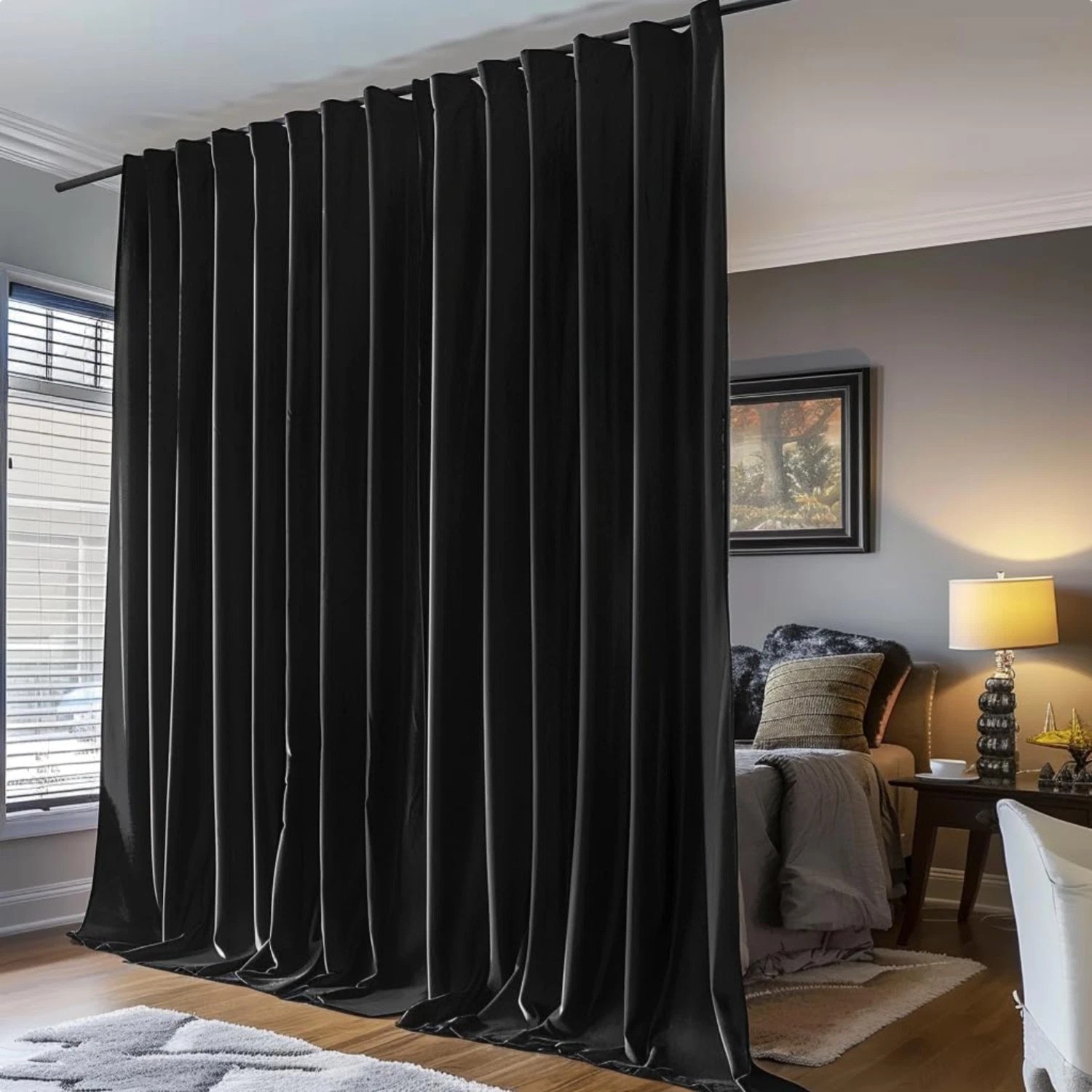 Stylish Black Ceiling Track Room Divider Curtains, Noise Reduction 100W x 84L