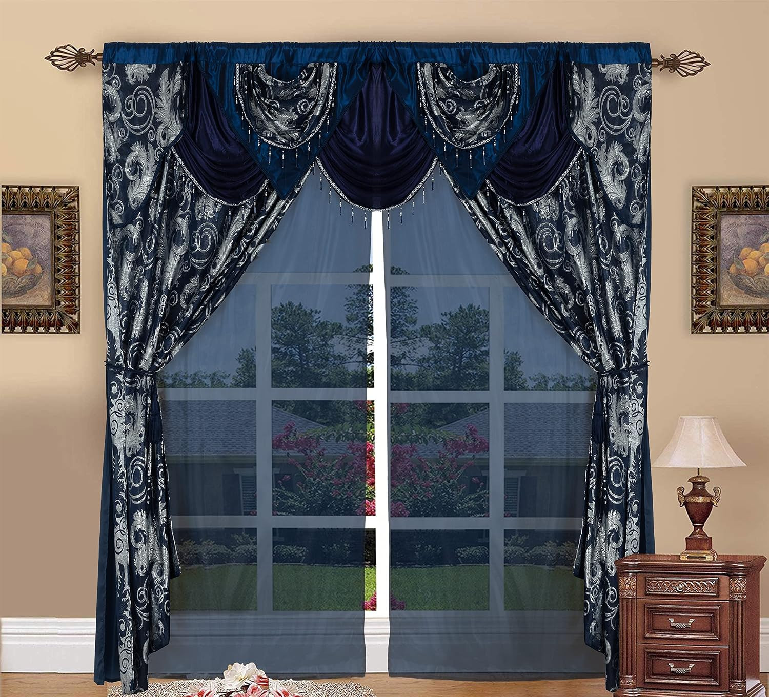 Jacquard Luxury Window 2 Panel Set Navy Curtain with Attached Valance and Backin