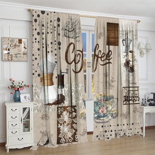 Coffee Vintage Kitchen Curtains Restaurant 20.5″W x 45″L (Pack of 2) Beige-2