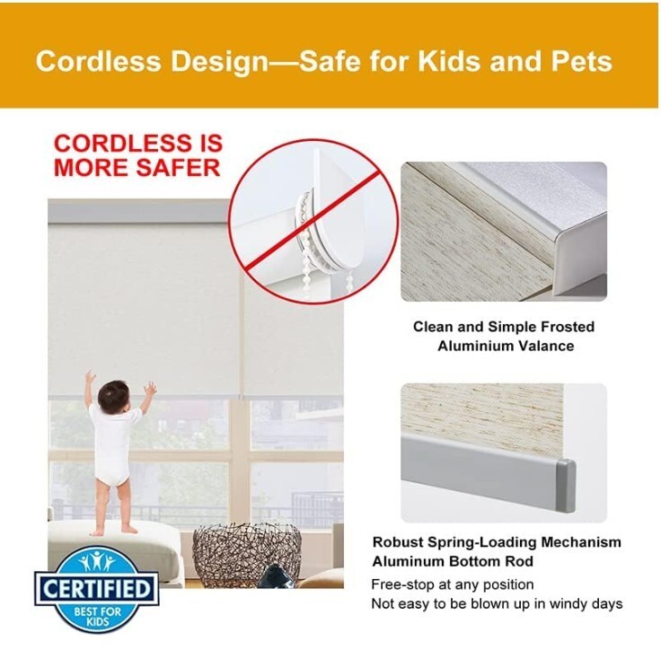 Free-Stop Cordless Light Filtering Roller Shades for Windows (Cream 34″W x 72…
