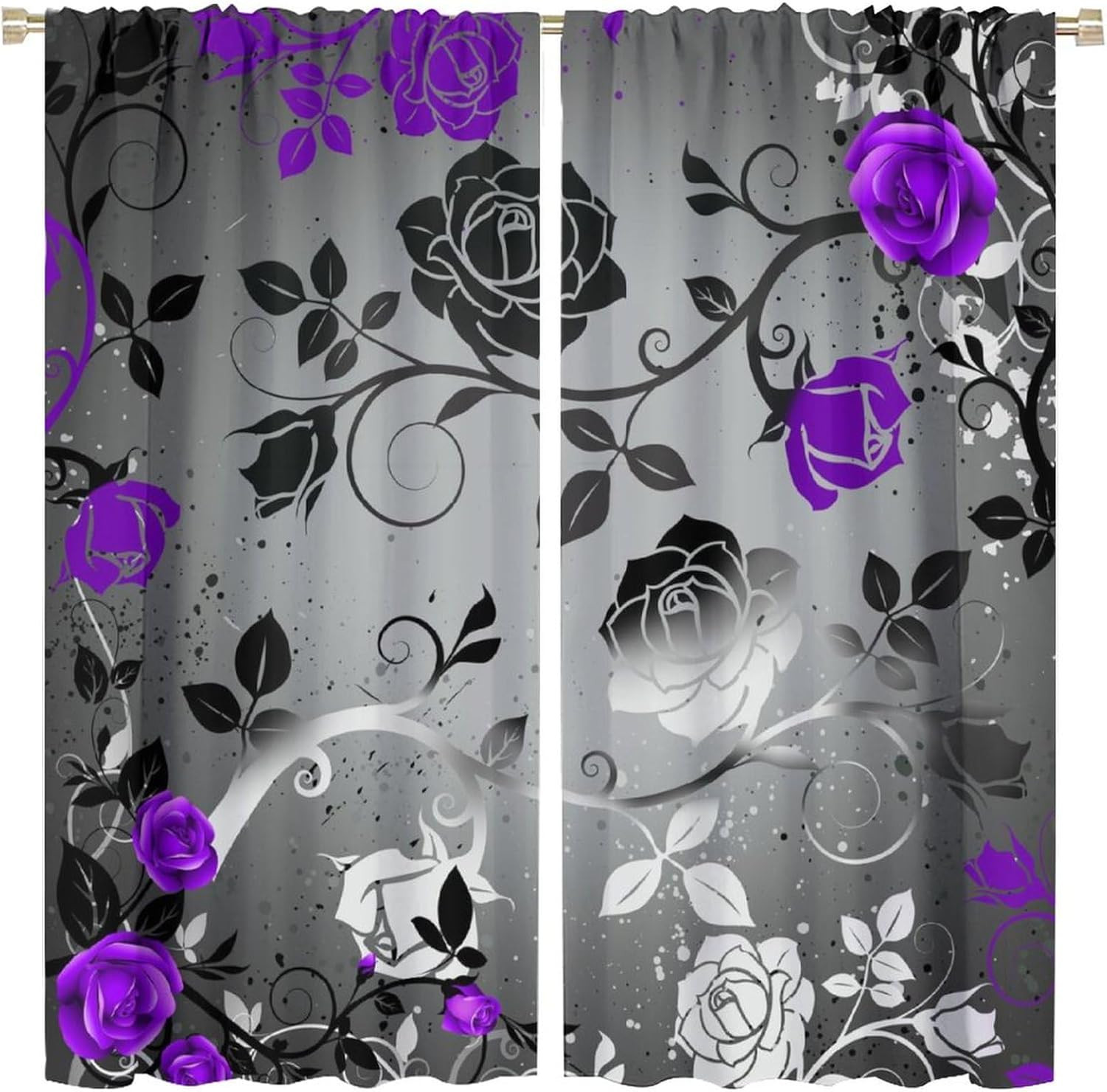 Abstract Grey Purple Rose Floral Curtains Romantic Modern Flower Black Leaves fo
