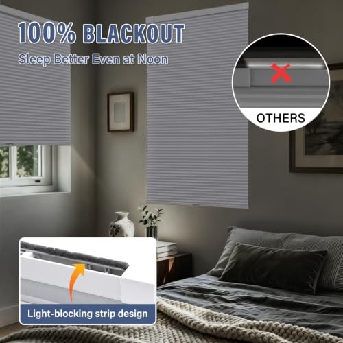 100% Blackout No Drill Cellular Shades Blinds for 22″W x 48″H Blackout-white