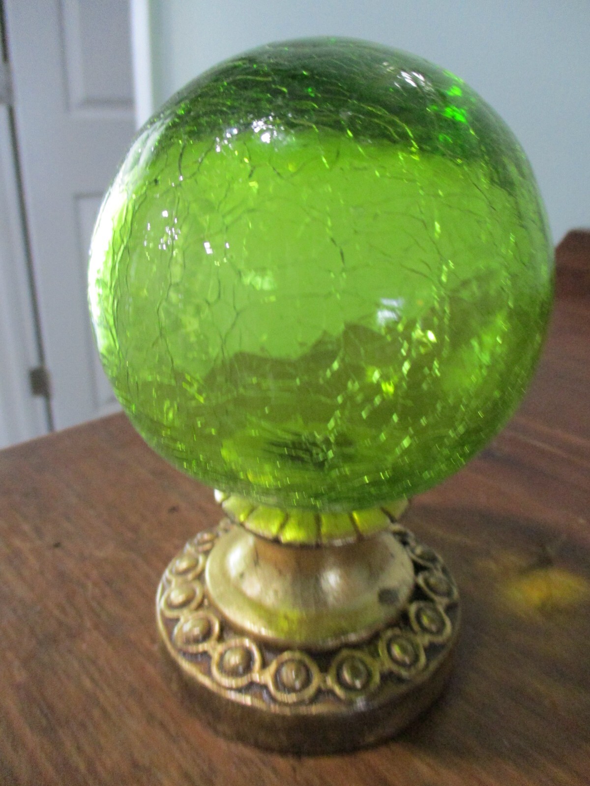 Murano hand blown Lime Green Crackle glass sphere globe Curtain Rod Finial