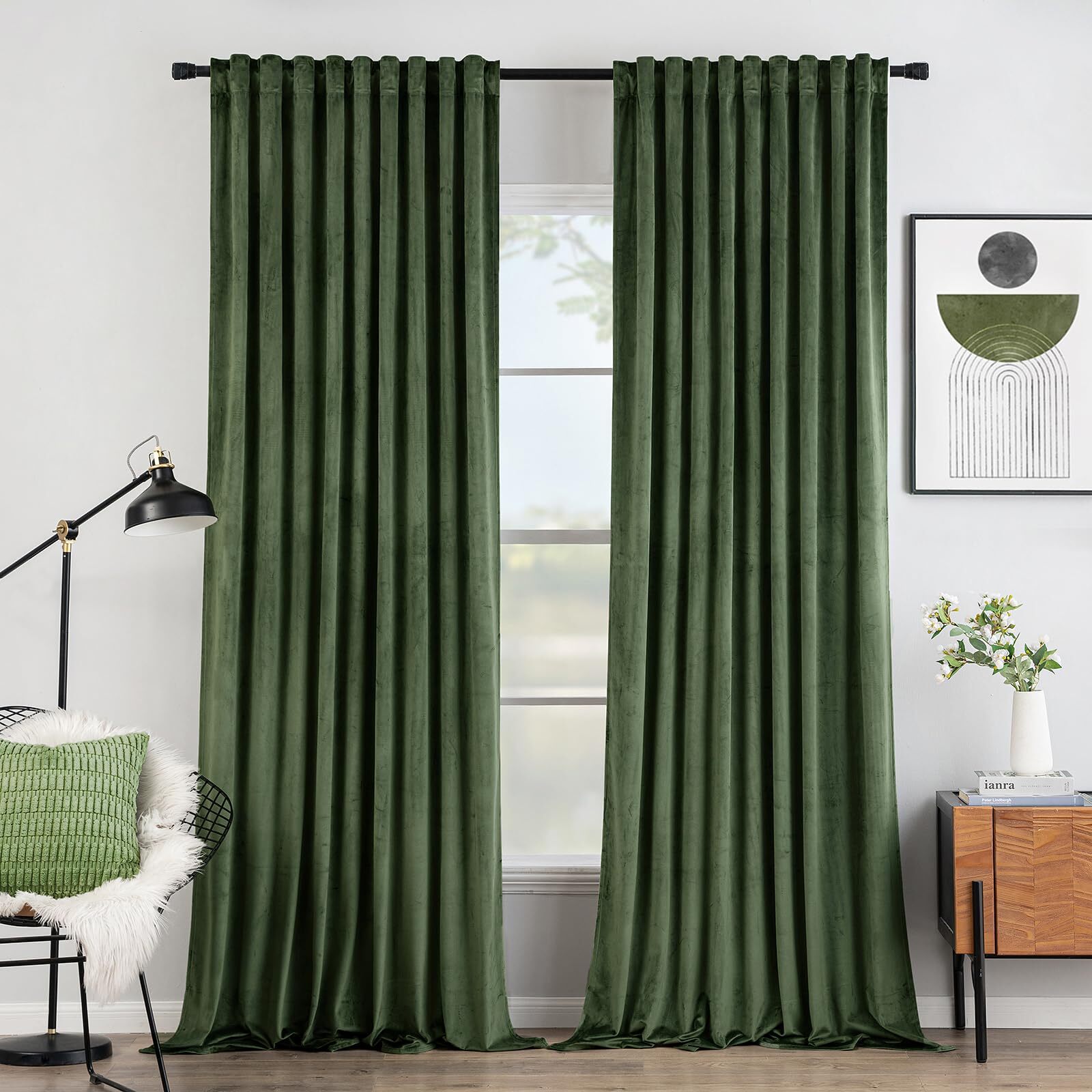 MIULEE Olive Green Velvet Curtains 96 inches 2 Panels – Pinch Pleated Luxury