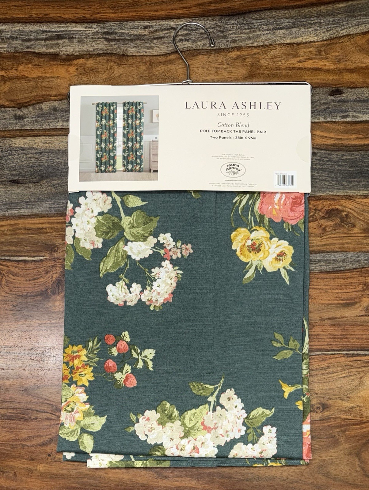 Laura Ashley Rosemore Floral Green Pair Pole Top Back Tab Curtains Panels 38×96
