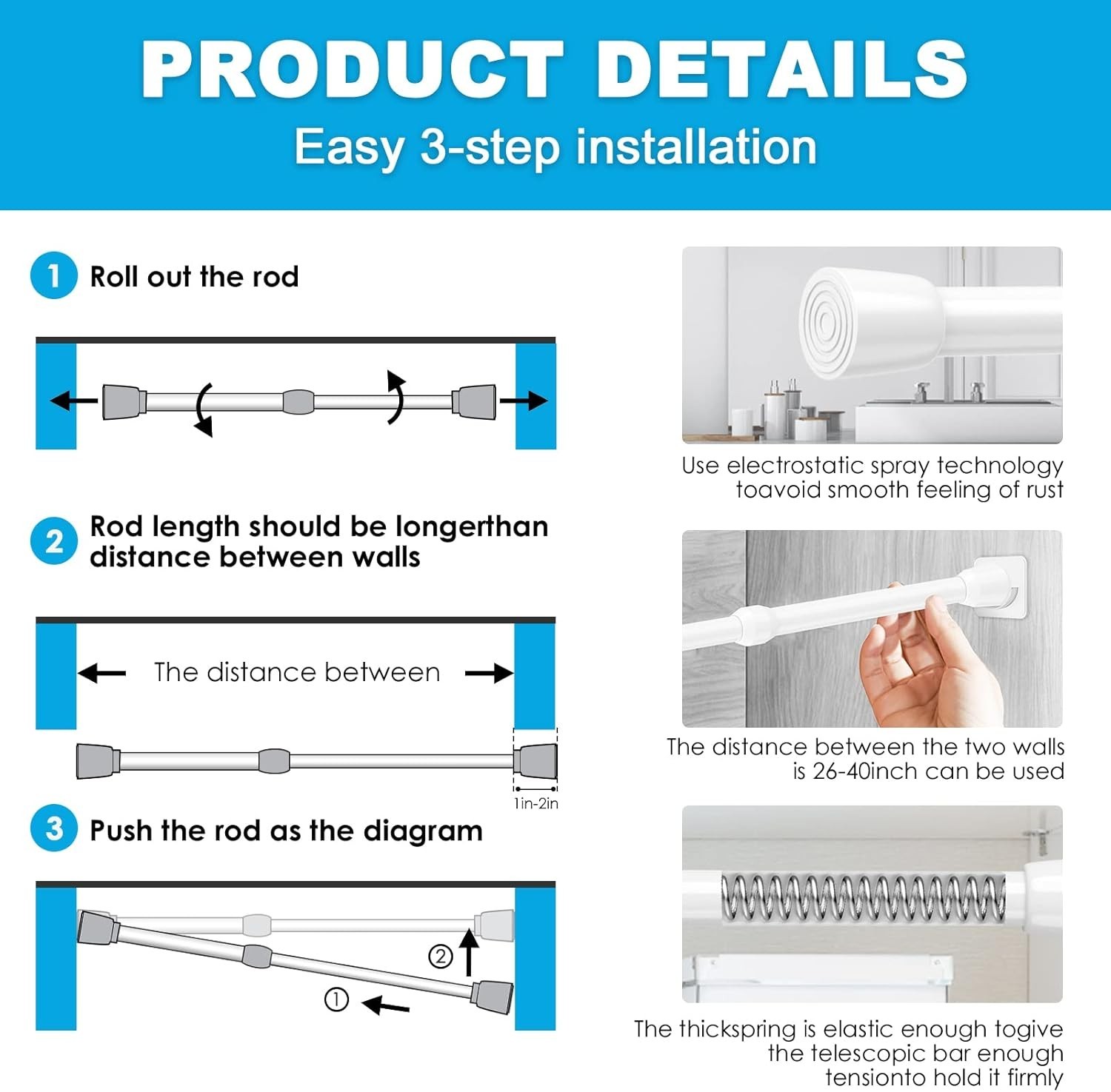 1Pcs Spring Tension Curtain Rod 26-39 inch Spring Tension Rods White Tension …