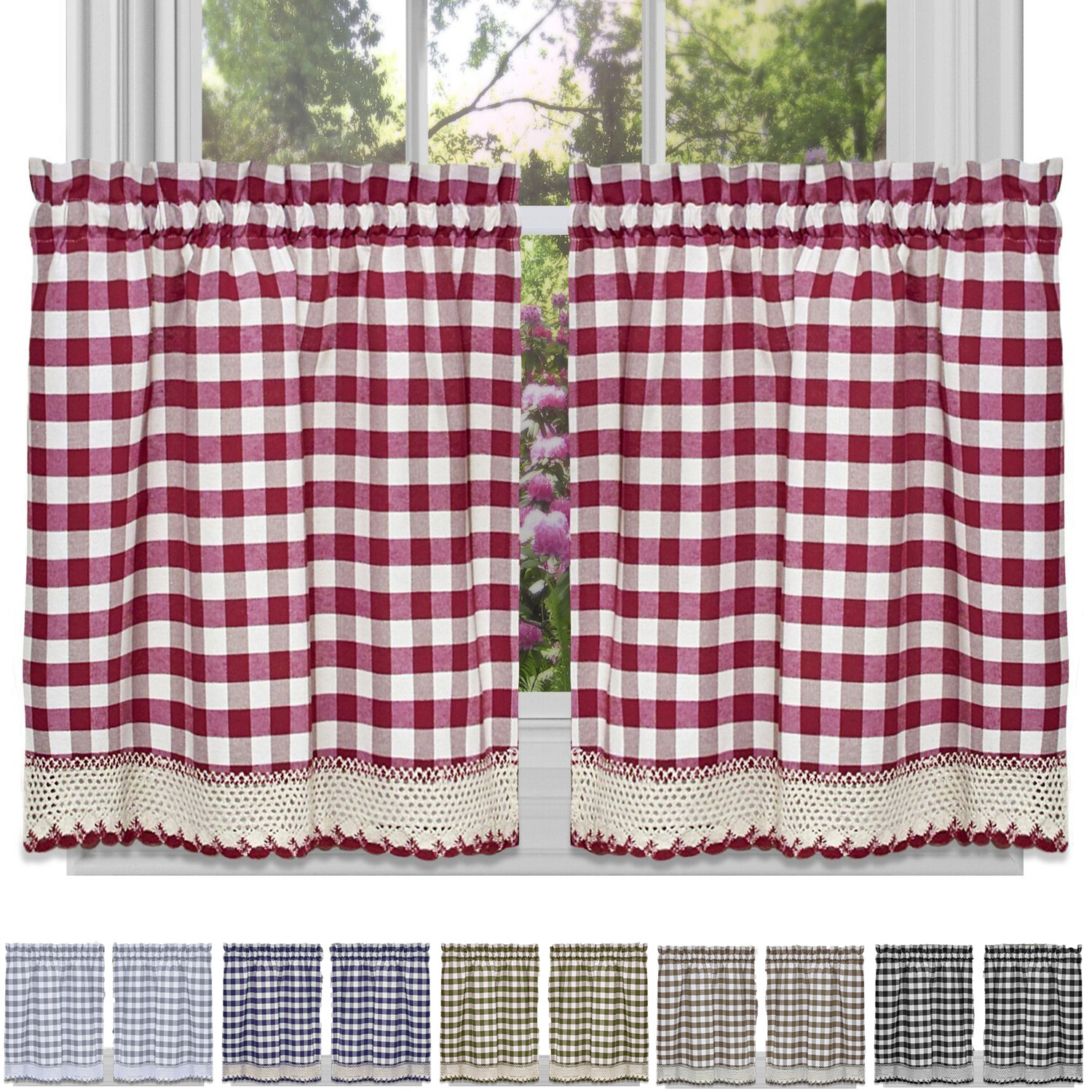 Window Curtain Tier Pair Pack Set Checked Plaid Gingham Kitchen Panel 58″ x 24″