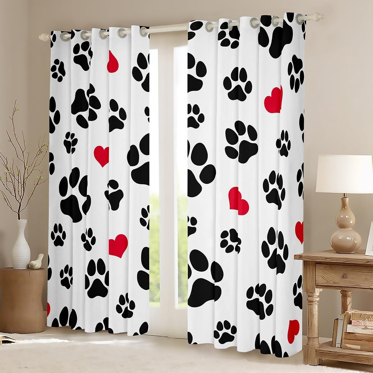 Black Footprints Blackout Curtains Dog Paw Cat Paw Heart Love Puppy Feet Prin…