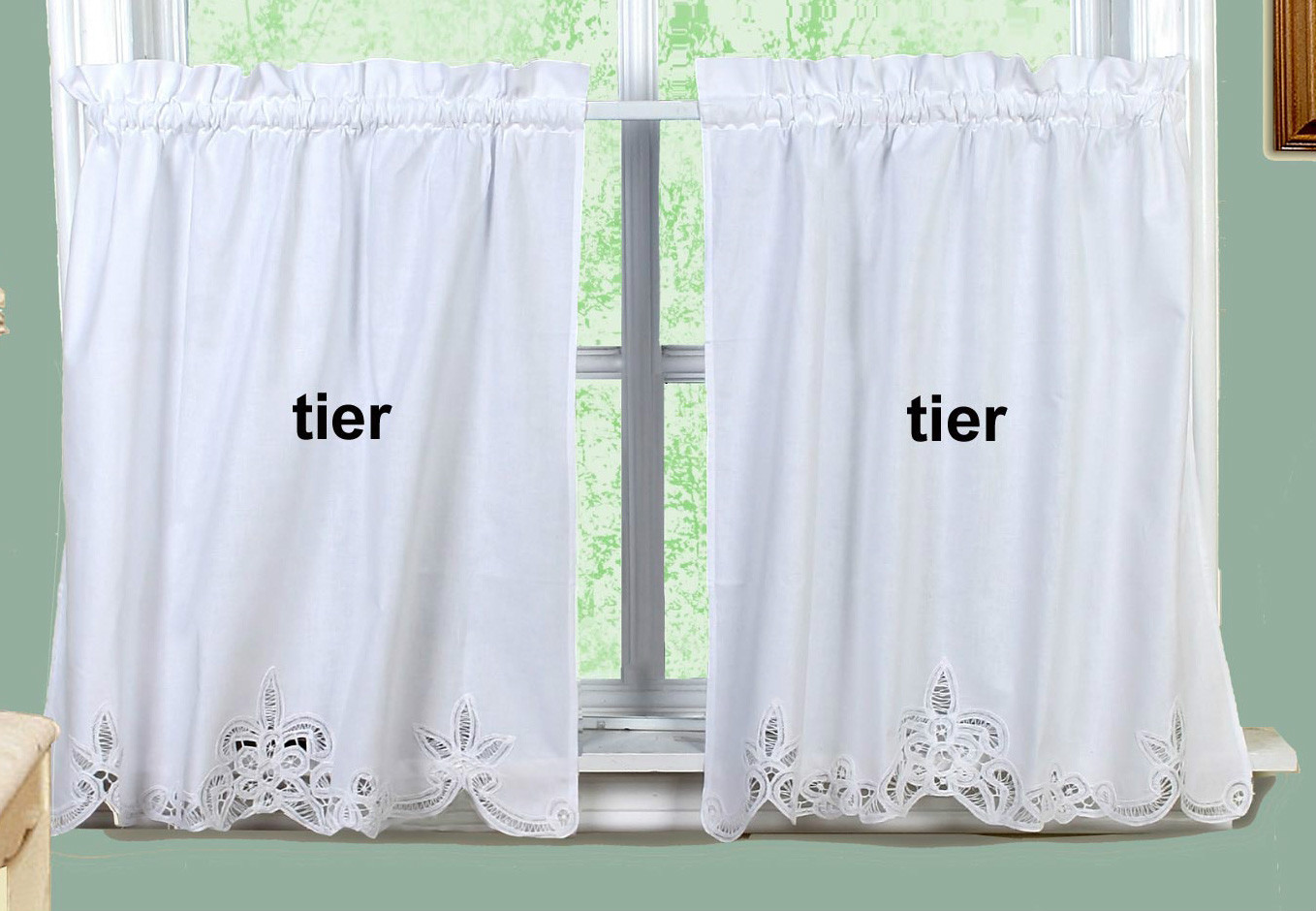 White Battenburg Lace Kitchen Curtain Valance Tier Swag by Creative Linens